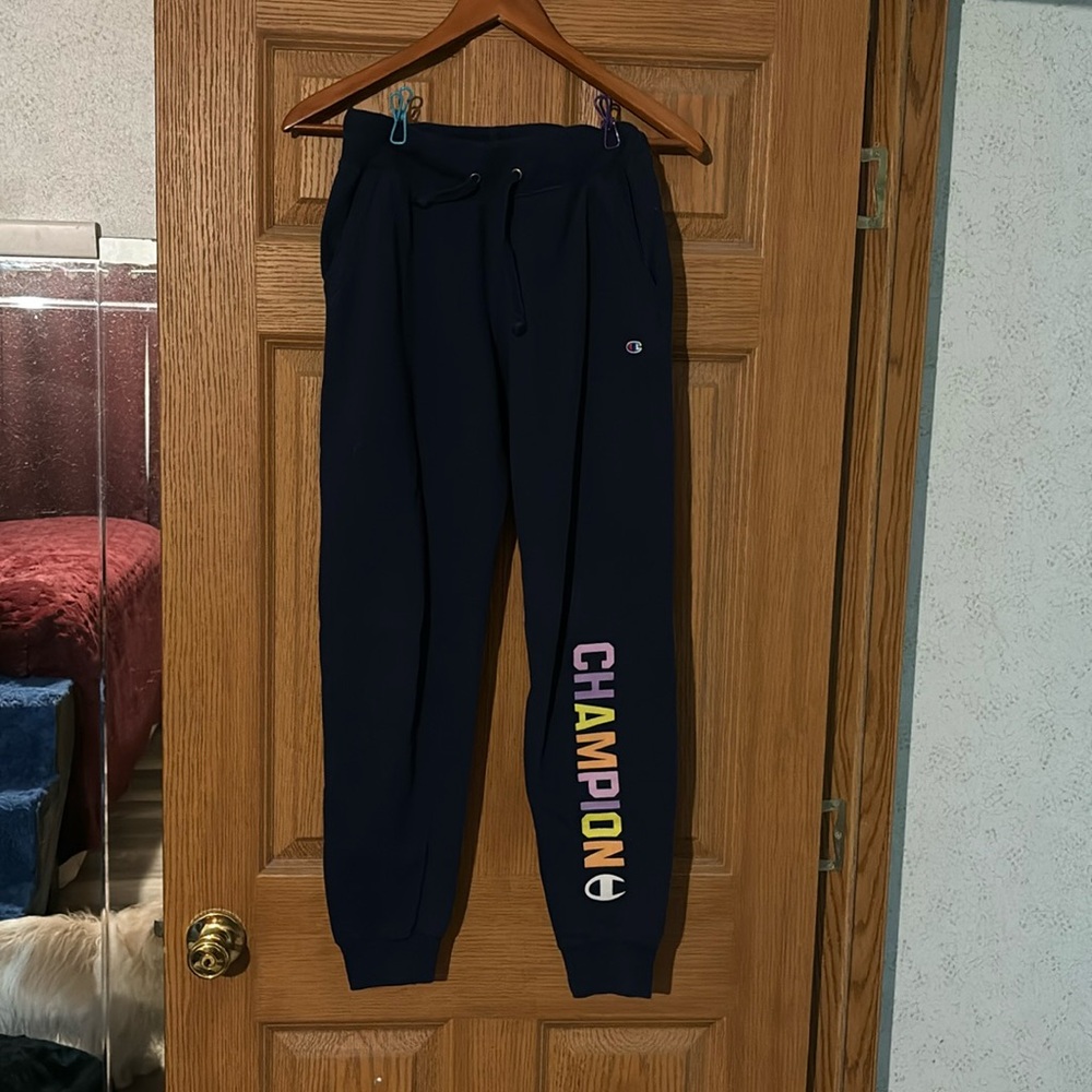 💜Champion Logo Fleece Sweatpants Navy Size XS Drawstring Waist Pockets
